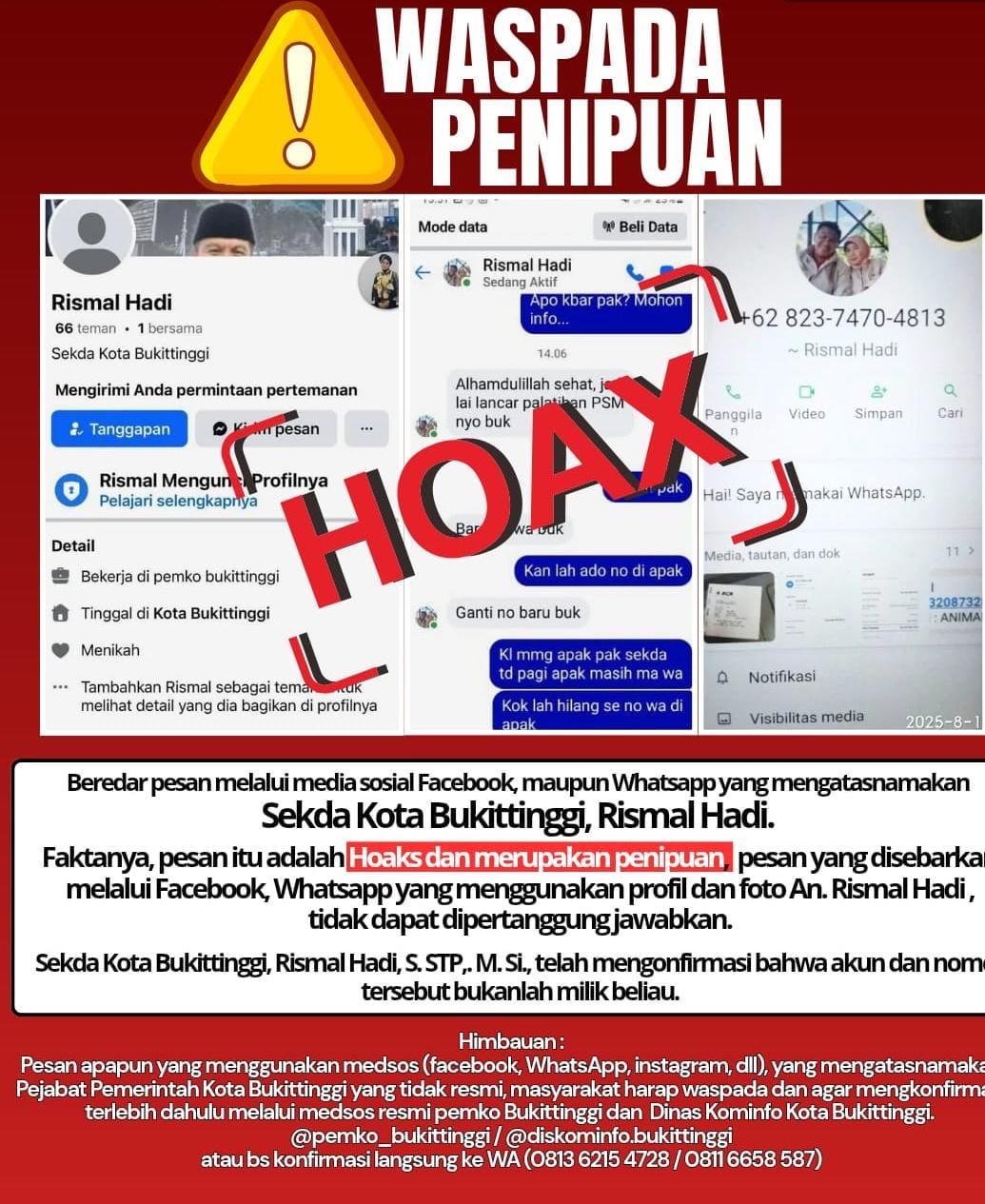 Waspada! Beredar Hoaks Nomor WhatsApp dan Facebook Mengatasnamakan Diri Rismal Hadi Sekdako Bukittinggi